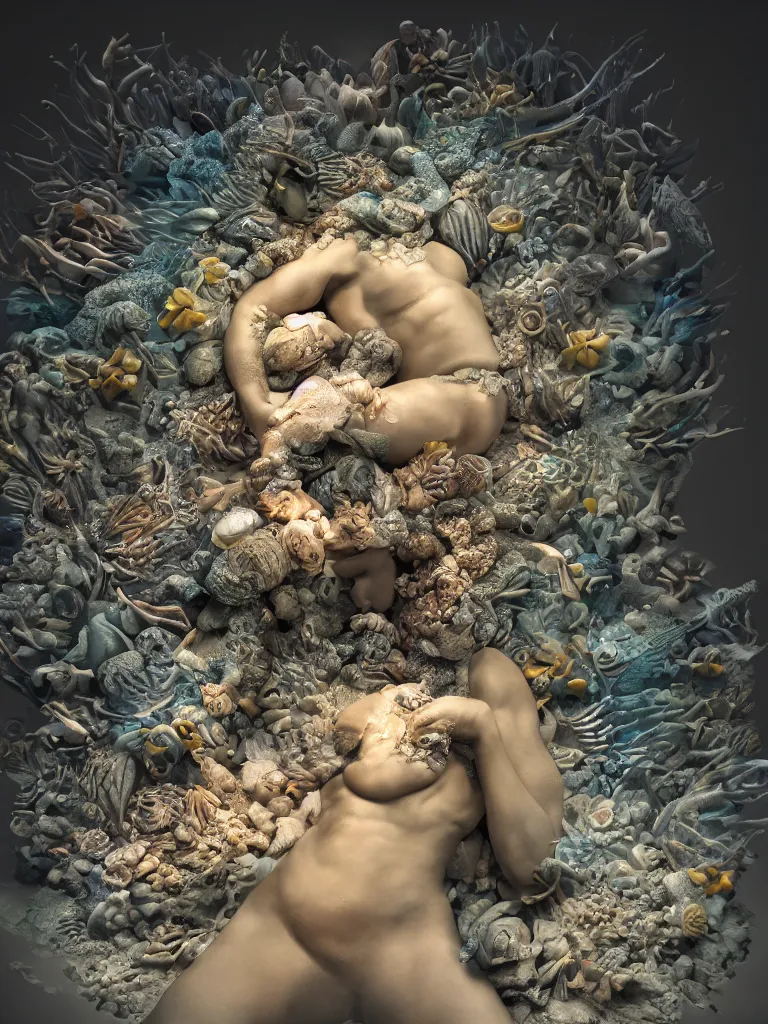 Prompt: a sculpture of fish ocean intertwined, darkness, led lighting, a lovely cornucopia of flowers and human body parts, body parts, highly detailed, octane render, cinematic, shock, sharp focus, ball, an independent psycho, clean, studio lighting