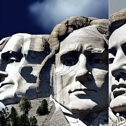 Image similar to a photo of mount rushmore after donald trump's face had been added. the photo clearly depicts the facial features of donald trump and his particular hair style carved into the stone at the mountain top, centered, balances, regal, pensive, powerful, just