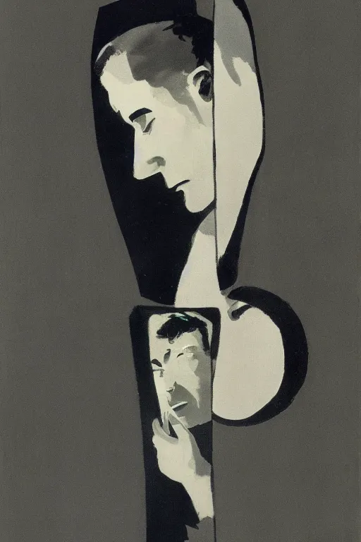 Image similar to man looking at his reflection in the mirror, 1960’s minimalist advertising illustration, painterly, expressive brush strokes