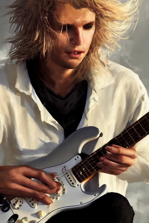 Prompt: blonde wild hair boy playing fender stratocaster, black eye - patch, close - up portrait, plain white tshirt, powerfull, intricate, elegant, volumetric lighting, scenery, digital painting, highly detailed, artstation, sharp focus, illustration, concept art, steve mccurry