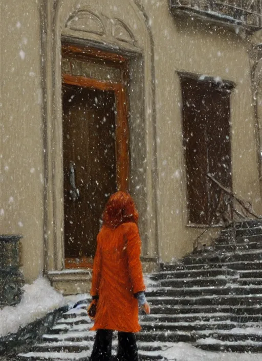 Prompt: back of emma stone in beige coat, orange hair, walking into new york apartment building in winter, opening door, building entrance, snow, zoomed out, artwork by gaston bussiere, craig mullins, trending on artstation