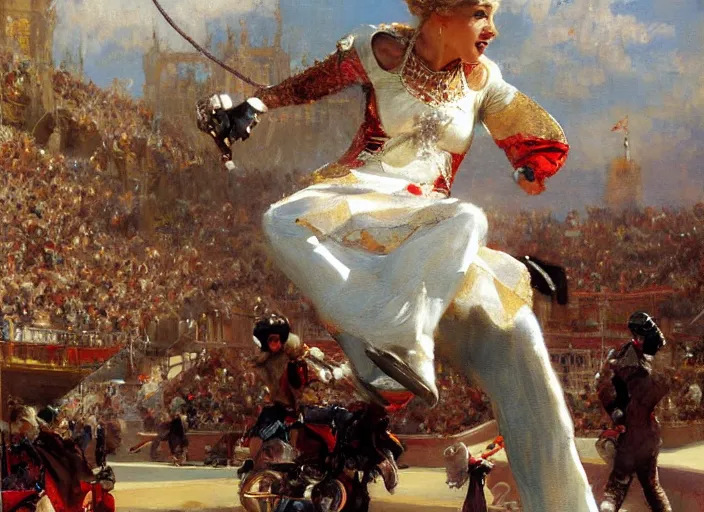 Prompt: the queen doing extreme skateboarding tricks at the olympics, highly detailed painting by gaston bussiere, craig mullins, j. c. leyendecker