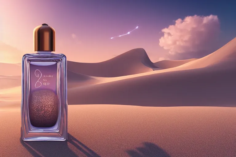 Image similar to perfume bottle buried in glittering oasis in the middle of a desert with soft skies, silky smooth, dramatic, mid day, sand dune background, large scale, wind - swept, lots of detail, realistic lighting, octane render, by wlop, artgerm, trending on artstation