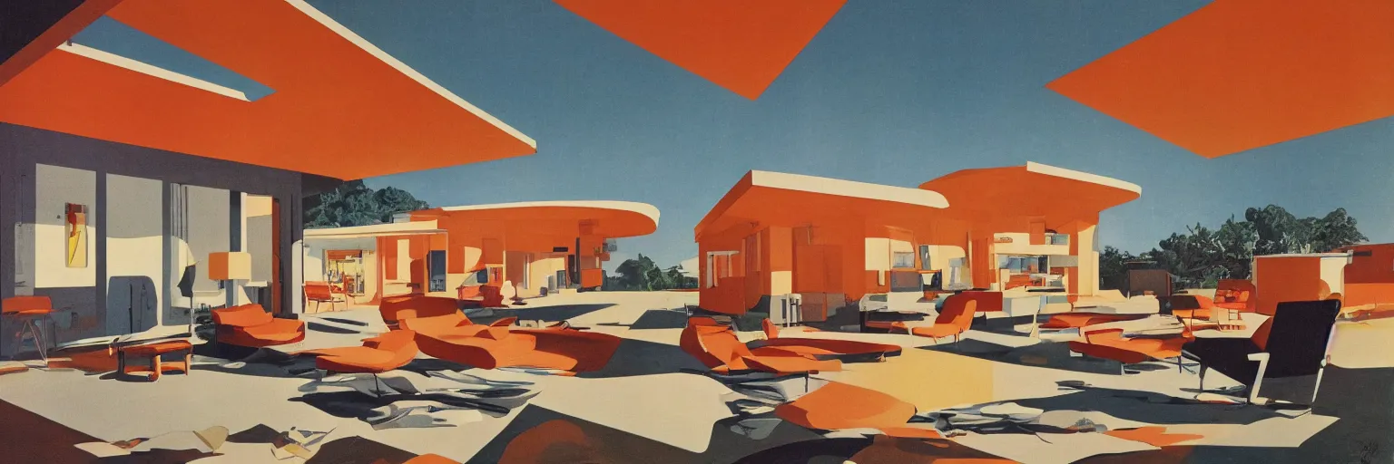Image similar to midcentury architecture. modernism. warm colors. wide shot. imagined by ken adam.