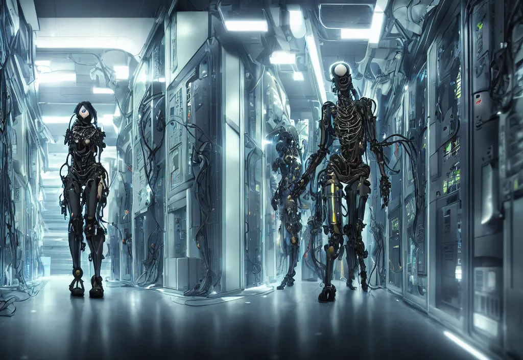 Image similar to shot of film by cyberpunk syle biomechanical cyborg walking in server room in datacenter, character design, very detailed cinematic, anime, by yoichi hatakenaka, by masamune shirow, digital art, octane render, beautiful composition, trending on artstation, award - winning photograph, masterpiece