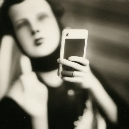 Image similar to vintage photo of a modern girl in the 1920s taking a selfie with an iPhone, 35mm film