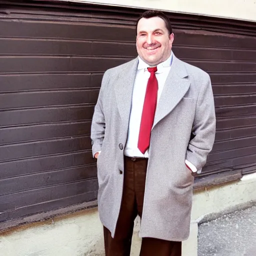 Image similar to full length shot : : clean - shaven smiling white chubby italian american man in his 4 0 s wearing a long brown overcoat and necktie and black shoes shoes shoes holding a burger burger burger, 2 0 0 6 advertising promo shot