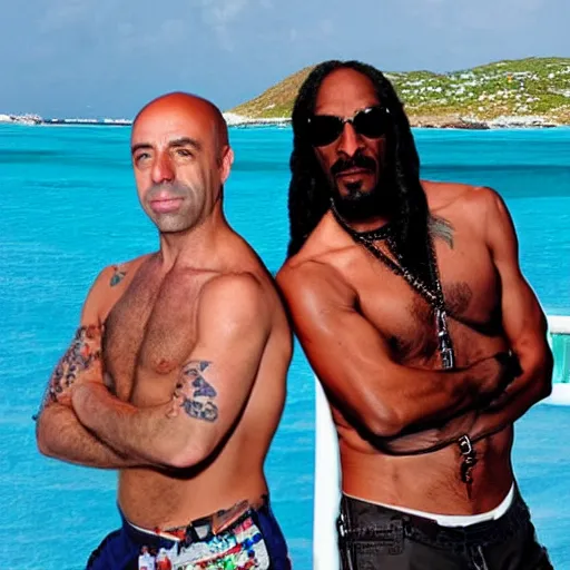 Image similar to joe rogan and snoop dogg chilling in aruba