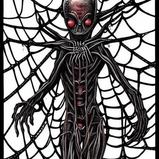 Image similar to grotesque human and spider hybrid, flesh and bone exposed, scary, spindly legs with a large web, junji ito manga art