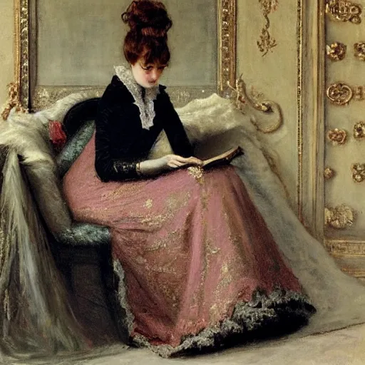 Image similar to young victorian lady in ball gown falling asleep while reading a book, painted by alfred stevens