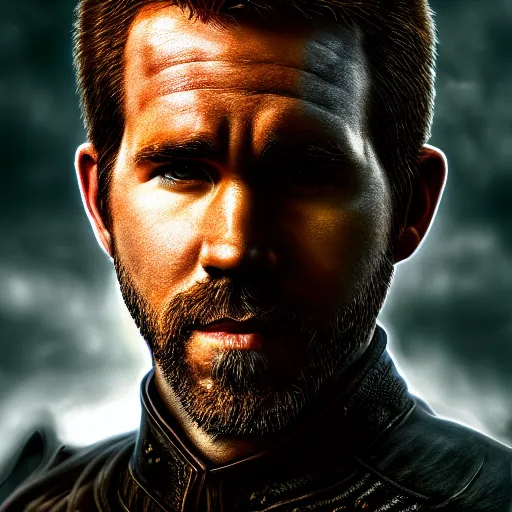 Image similar to a portrait of a Ryan Reynold as a warlock ,Grim fantasy, D&D, HDR, natural light, shoulder level shot, dynamic pose, award winning photograph, Mucha style 4k,