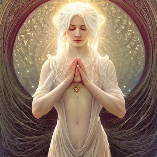 Prompt: goddess, white hair, long hair, hands spread out in prayer, intricate, elegant, ethereal, highly detailed, digital painting, artstation, concept art, smooth, sharp focus, illustration, art by artgerm and greg rutkowski and alphonse mucha