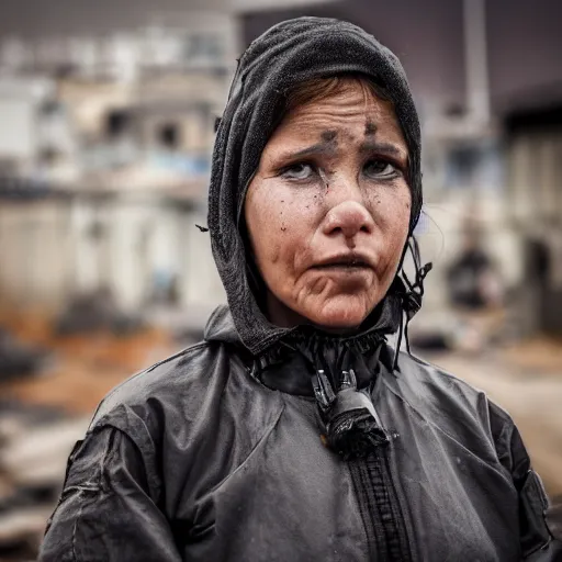 Image similar to photographic portrait of a poor techwear woman holding back tears, a futuristic shanty town burns in the background, closeup, sigma 85mm f/1.4, 4k, depth of field, high resolution, 4k, 8k, hd, full color