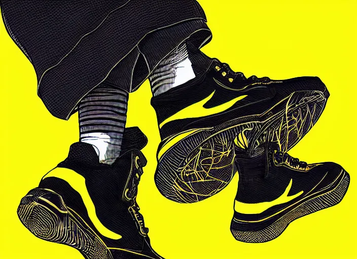 Image similar to glowing black sneaker, wth short golden lines, yellow details, symmetrical, highly detailed, digital art, sharp focus, trending on art station, samurai, electricity superpowers, anime art style