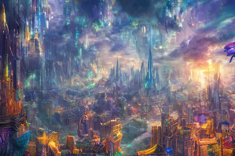 Prompt: an epic landscape view of a vast underwater metropolis, with glowing windows, towers, spires, parapets, balconies, bridges, glass, crystal, with colorful fish and sea creatures, painted by feng zhu, close - up, low angle, wide angle, atmospheric, volumetric lighting, cinematic concept art, very realistic, highly detailed digital art