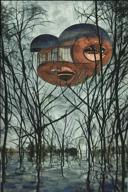 Image similar to spherical tree houses in flooded street ( ( ( ( painting by aaron douglas ) ) ) ) painting by h. r. giger painting by alvar aalto