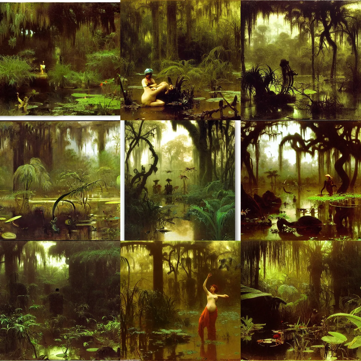 Prompt: swamp bayou humid damp flora fauna by rudolf ernst, john frederick lewis, jean - leon gerome, rudolf weisse, david roberts, charles theodore frere, alfred dehodencq, orientalism, richard corben, william - adolphe bouguereau