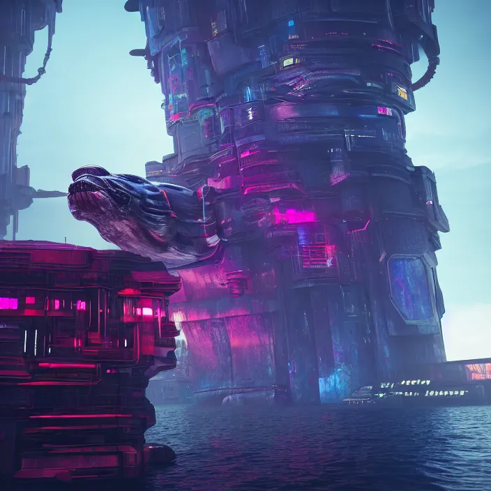 Image similar to A cyberpunk castle sitting on a whale, hard sci-fi,global illumination, physically based rendering, photoreal, small details, intricate, science fiction fantasy