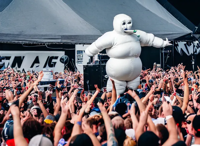 Prompt: photo still of the michelin man on stage at vans warped tour!!!!!!!! at age 3 8 years old 3 8 years of age!!!!!!! stage diving into the crowd, 8 k, 8 5 mm f 1. 8, studio lighting, rim light, right side key light