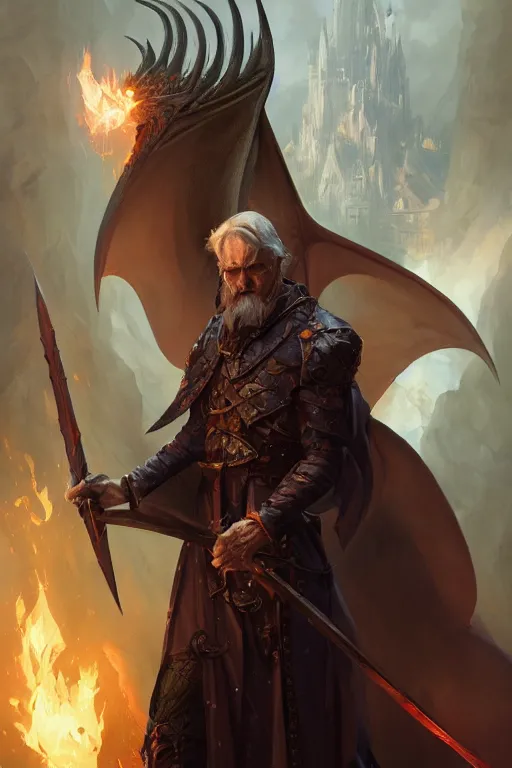 Image similar to dungeons and dragons evil wizard with dragon wings character full body side profile portrait, dramatic light, dungeon background, 2 0 0 mm focal length, painted by stanley lau, painted by greg rutkowski, painted by stanley artgerm, digital art, trending on artstation