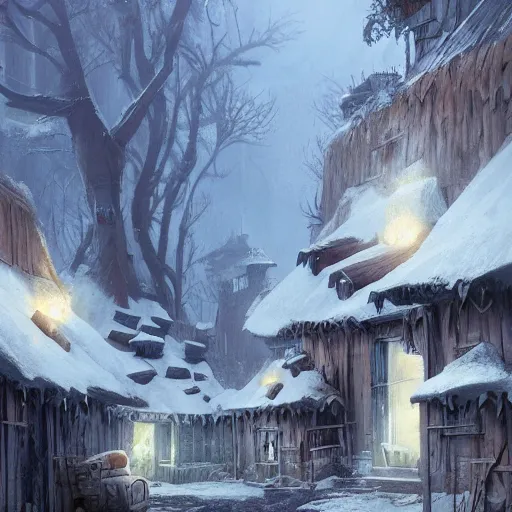 Image similar to smurf village as a ghost town, greg rutkowski, detailed,