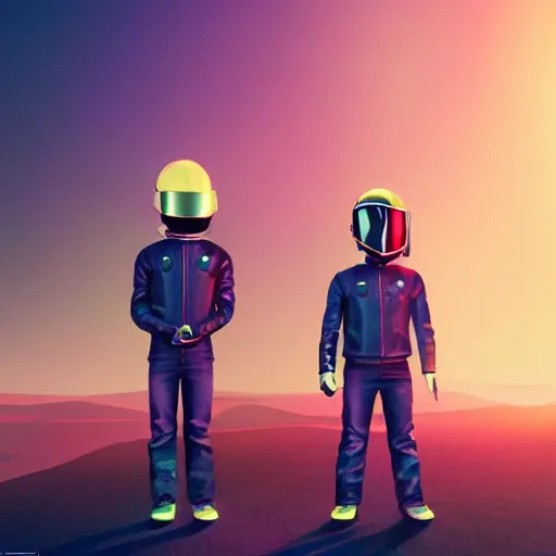 Image similar to miniature daft punk kids standing back to back, twilight zone background, illustration, artgerm, octane render, inspired by Greg rutkowski, colorful, studio lighting, full body,