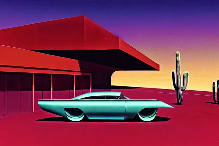 Image similar to a cinematic matte painting of a sleek 1 9 6 0 s vaporwave retro - futurism sci - fi car in a cluttered garage in the american southwest. cactus. by eric lafforgue, glennray tutor and edward hopper, greg rutkowski. trending on artstation.