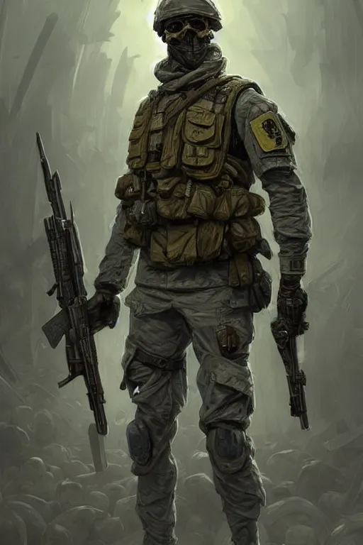 Image similar to a distant shot of a Modern Warfare soldier with blue and yellow uniform standing alone on a pile of skulls as a winner, masculine figure, D&D, fantasy, intricate, elegant, highly detailed, extremely detailed, digital painting, artstation, concept art, matte, sharp focus, symmetrical, illustration, art by Artgerm and Greg Rutkowski and Alphonse Mucha