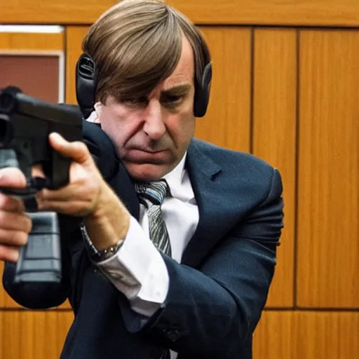 Image similar to saul goodman shooting a glock 1 9 inside a courtroom