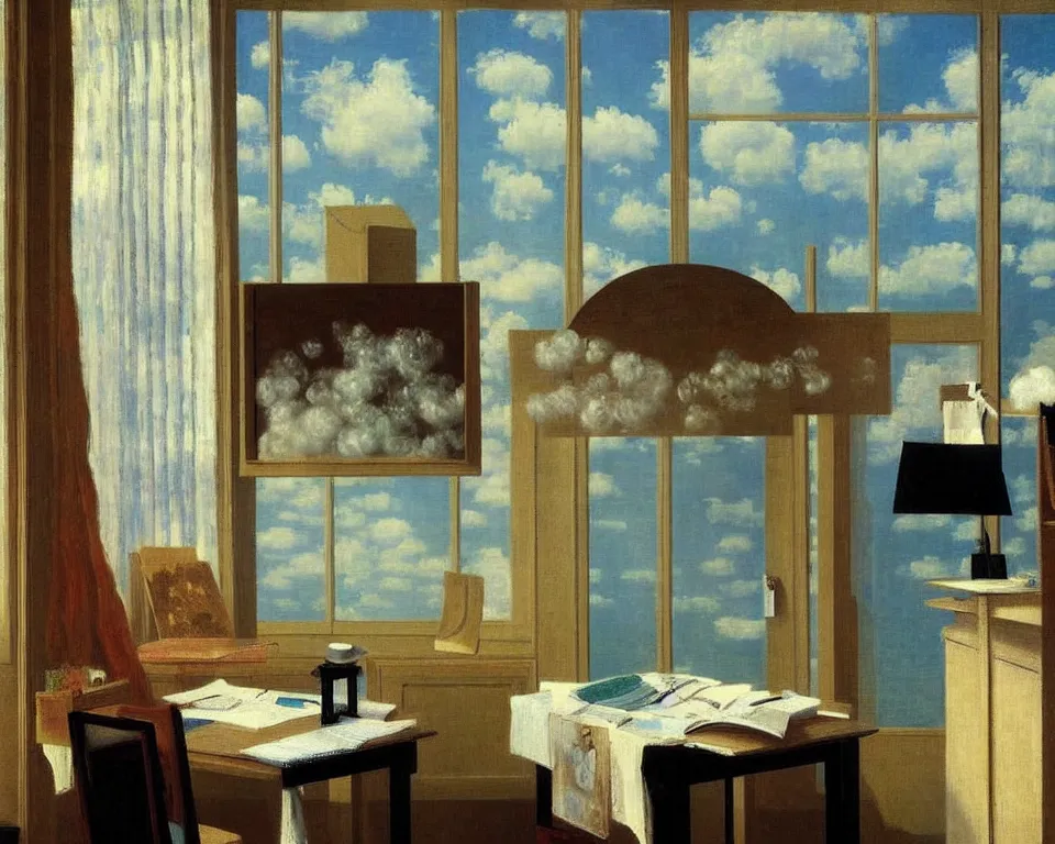 Prompt: achingly beautiful painting of a sophisticated, well - decorated, modern study by rene magritte, monet, and turner. whimsical.