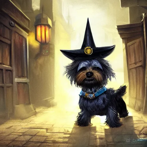 Image similar to detective yorkshire terrier wearing a wizard hat, in a dark alley, by D&D Concept Artists