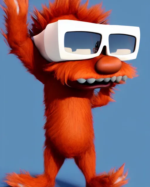 Image similar to 3 d render of completely red hairy friendly antropomorphic cartoony creature wearing white ray - ban shades, full body, simple, grin instead without a nose, cute, white background, unreal engine 5 hdr