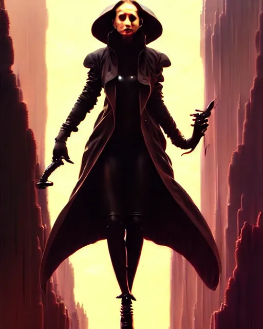 Image similar to beautiful fantasy character portrait, natalie portman, wearing oversized black trench coat, ultra realistic, wide angle, dramatic lighting, vultures, very seductive pose, cyberpunk artifacts, highly detailed by peter mohrbacher, hajime sorayama, wayne barlowe, boris vallejo, aaron horkey, gaston bussiere, craig mullins