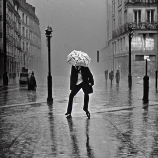 Image similar to the man leaping with an umbrella in a raining paris street, by henri cartier bresson,