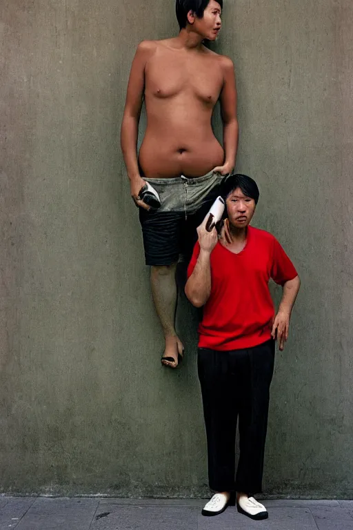 Image similar to Full-length portrait of a handsome!! young pregnant!! male on the streets of Hong Kong, with a big round belly, talking on his phone, wearing shorts, 2008, ultra detailed photograph, photographed by Annie Leibovitz and Steve McCurry