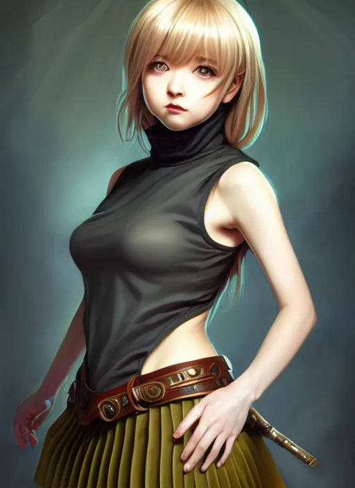 Image similar to portrait of a full body of beautiful young female detective, d & d, sleeveless turtleneck, pleated skirt, fantasy, flat lighting, intricate, highly detailed, digital painting, artstation, concept art, smooth, sharp focus, illustration, misa amane, art by simon bisley and greg rutkowski and alphonse mucha, natural tpose