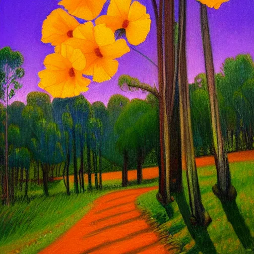 Image similar to a painting of a dirt road surrounded by eucalyptus trees and california golden poppies, violet woodland hill in the distance, violet sunset. an oil painting by magali villenueve, green orange violet triadic color palette, featured on deviantart, australian tonalism, pre - raphaelite, impressionism, detailed painting