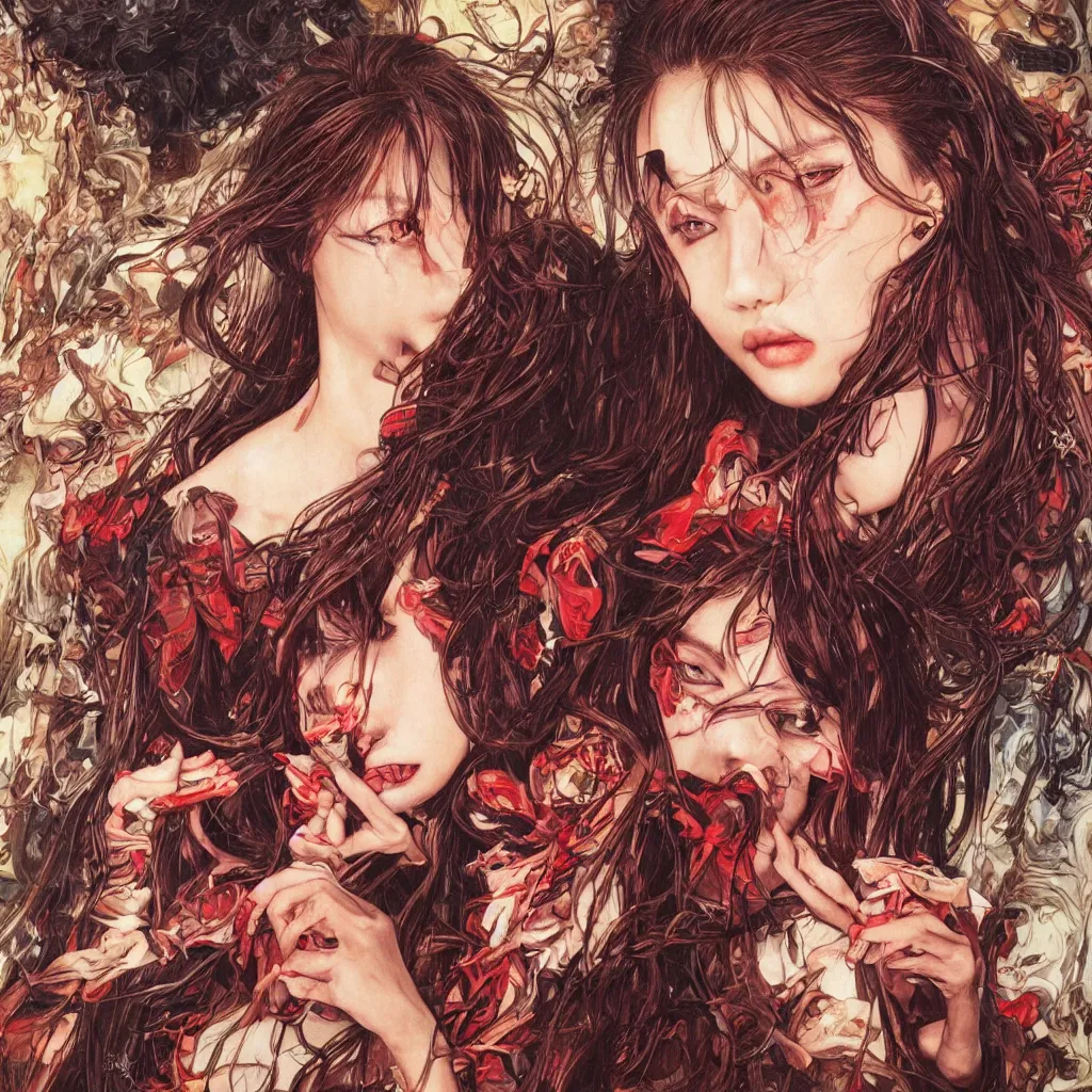 Prompt: portrait of angelababy eating a very big poly-poop by Ayami Kojima, rich deep colors