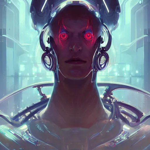 Prompt: a portrait of a cybernetic occultist of the golden dawn, cyberpunk concept art by pete mohrbacher and wlop and artgerm and josan gonzales, digital art, highly detailed, intricate, sci-fi, sharp focus, Trending on Artstation HQ, deviantart, unreal engine 5, 4K UHD image