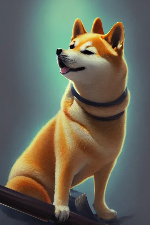 Prompt: close up portrait of shiba inu holding a baseball stick in it's hand, extremely detailed digital painting, in the style of fenghua zhong and ruan jia and jeremy lipking and peter mohrbacher, mystical colors, rim light, beautiful lighting, 8 k, stunning scene, raytracing, octane, trending on artstation