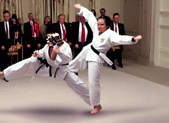 Prompt: the queen performing a flying karate kick on donald trump