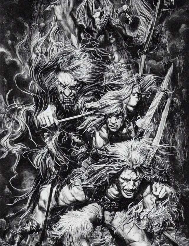 Image similar to DnD Cover Art, 1985, A long-haired Barbarian strikes a menacing pose, scan