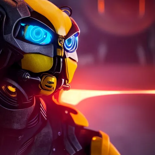 Image similar to still photo of bumblebee with fire eyes, highly detailed, photorealistic portrait, bright studio setting, studio lighting, crisp quality and light reflections, unreal engine 5 quality render