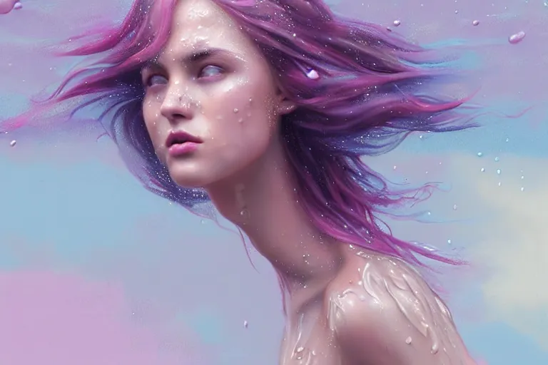 Image similar to girl flying freely in pastel rain with wet hair and face, splash, fantasy, captivating dynamic facial expression, intricate, elegant, dramatic lighting, emotionally evoking symbolic metaphor, highly detailed, lifelike, photorealistic, digital painting, artstation, concept art, smooth, sharp focus, illustration, art by John Collier and Albert Aublet and Krenz Cushart and Artem Demura and Alphonse Mucha