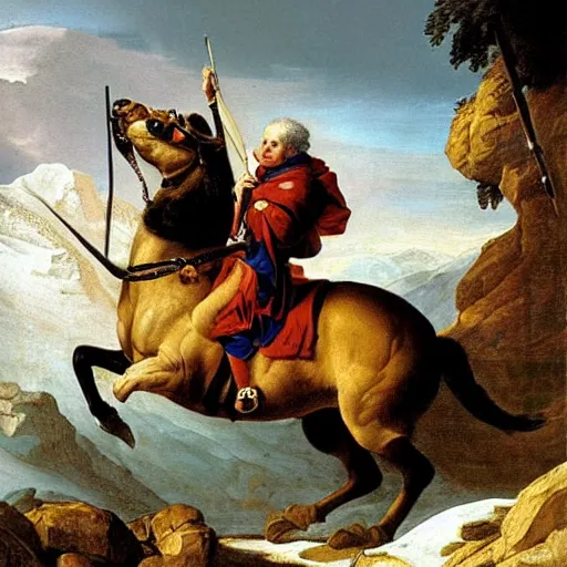 Prompt: benjamin netanyahu crossing the alps, oil painting by jacques - louis david