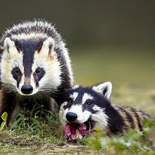 Prompt: A close up badger biting a fox, as happens in nature from time to time. Photo credit National Geographic.