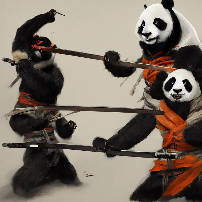 Prompt: a samurai sword - fighting with a panda, digital art, artstation, oil on canvas