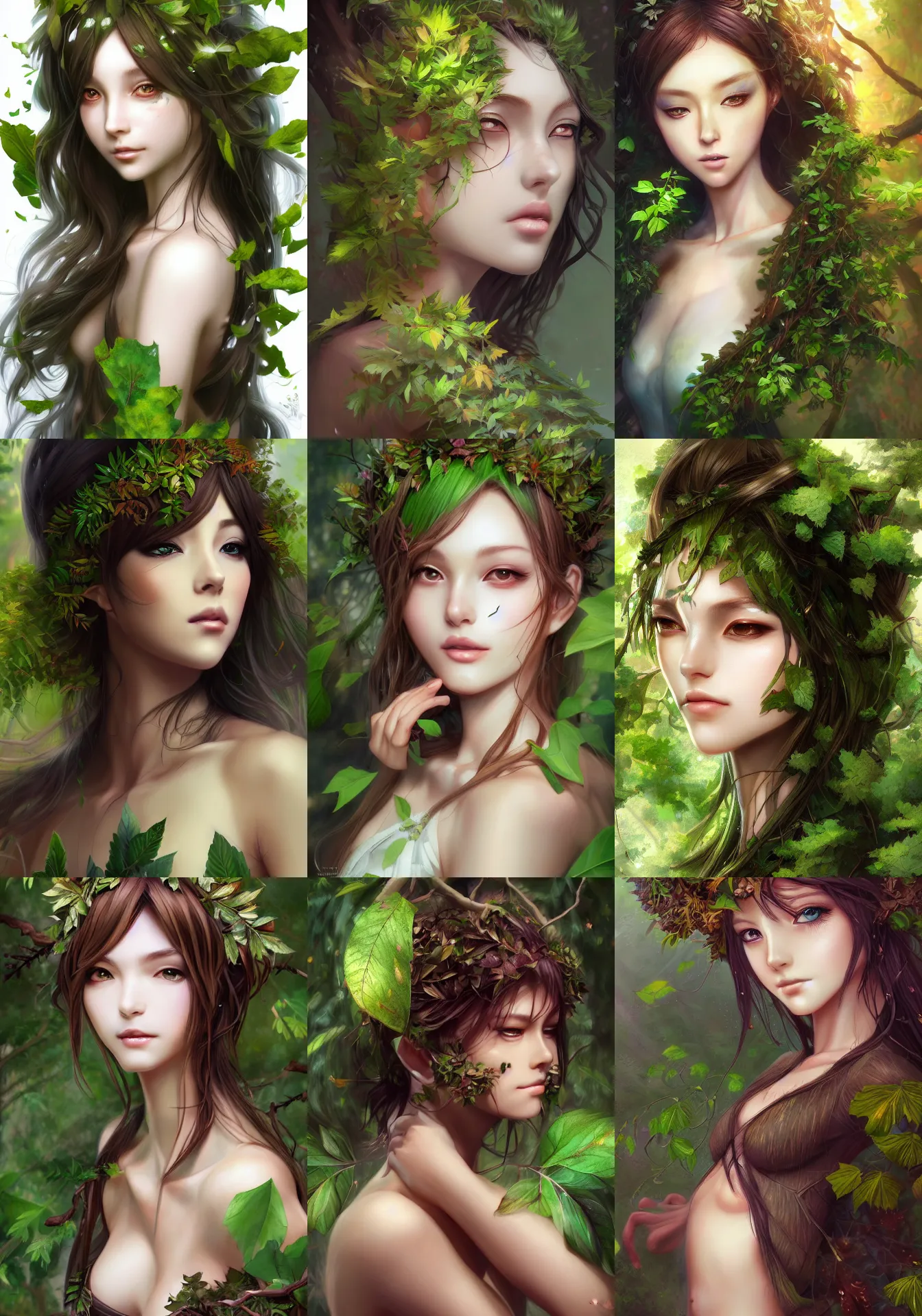 Prompt: A realistic anime portrait of a beautiful dryad with green eyes, dark tree bark skin, and foliage for hair wearing clothes made of leaves, digital painting, by Stanley Artgerm Lau, Sakimichan, WLOP and Rossdraws, digtial painting, trending on ArtStation, SFW version