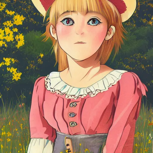 Image similar to young blonde pioneer girl in a meadow, portrait, anime style