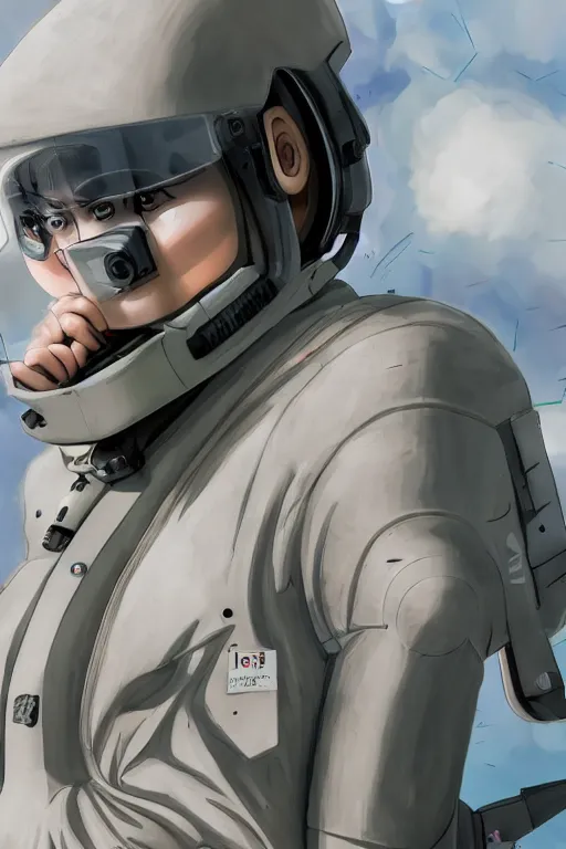 Image similar to Kodak portra 160, 8K, highly detailed, seinen manga 3/4 closeup portrait, eye contact, focus on anti-g flight suit, tilt shift background: famous french artist in moebius anime remake, aircraft carrier scene